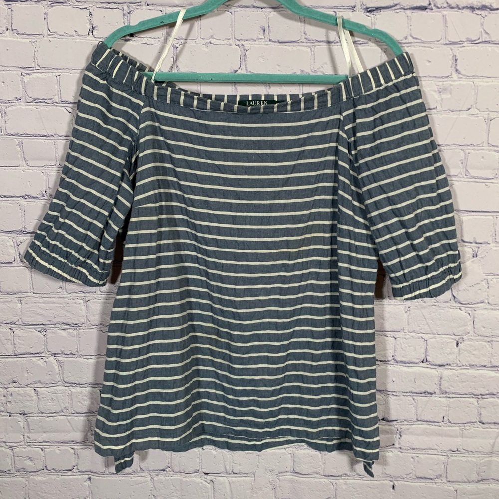 Lauren Ralph Lauren Womens Linen Blend Off-the-Shoulder Striped Top Blue Sz M